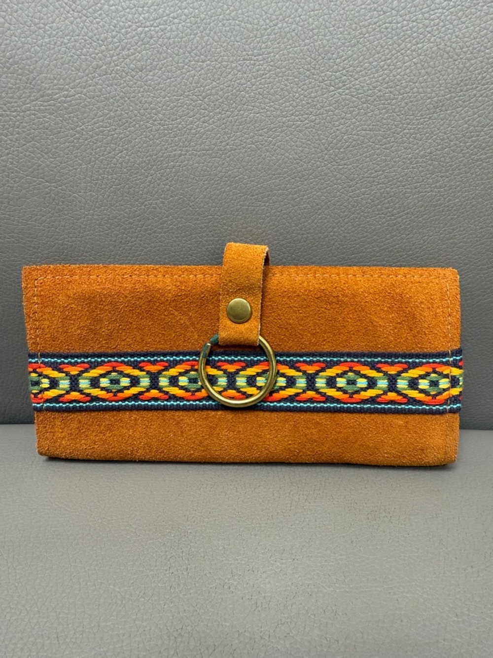 Vintage Suede Wallet Clutch with Embroidered Accent - Tan